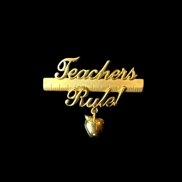 Teachers Rule Gold Tone Brooch with a Ruler and a Apple Charm Pin - Picture 9 of 11